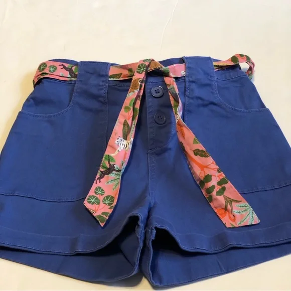 Boden Blue Twill Cargo Shorts With Pink Animal Print Belt Tie Size 13Y - Picture 1 of 9